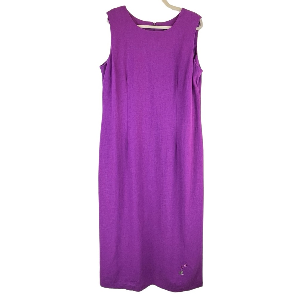 VTG Purple Linen Blend Maxi Dress Sleeveless Embroidered Flower Butterfy Sz 12